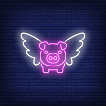 Flying Pig Cartoon Character. Neon Sign Element. Night Bright Advertisement. Vector Illustration For Restaurant, Cafe, Diner, Menu, Advertising Design