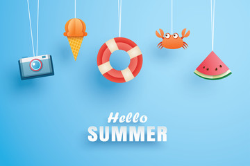 Wall Mural - Hello summer with decoration origami hanging on the sky background. Paper art and craft style. Vector illustration of life ring, ice cream, camera, watermelon.