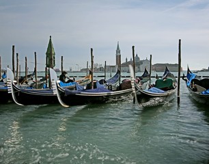 Wall Mural - Many gondolas parked in the Venetian lagoon photographed with th