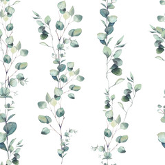 Wall Mural - Watercolor eucalyptus branches ornament. Hand painted floral repeating texture on white background. Greenery wallpaper design for textile, paper, web