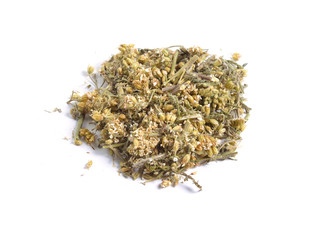 Wall Mural - Dried medicinal herbs raw materials isolated on white. Achillea flowers.