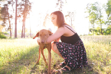 Wall Mural - Woman and a cute young dog in the park on the summer day. Walk in the woods on a sunny day. Girl with a brown dog in the woods Magyar vizsla.