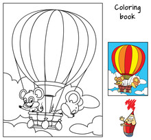 Two Little Mice Are Traveling In A Hot Air Balloon. Coloring Book. Cartoon Vector Illustration