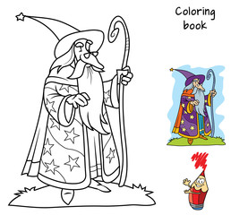 Wise wizard with magic staff, hat and mantle. Coloring book. Cartoon vector illustration