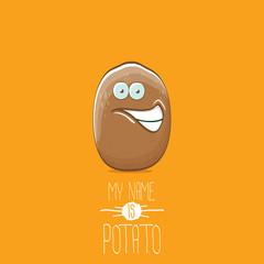 vector brown potato cartoon character isolated on orange background. My name is potato vector concept illustration. funky summer vegetable food character