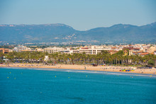 Beach Landscape Of The Costa Dorada, Tarragona, Catalanya, Spain. Copy Space For Text.