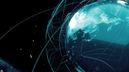 Poster - 3d render of globe. Digital background with planet surrounded with particles and arcs. Technology concept. Loopable sequence.
