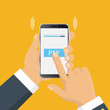 © Julia - Mobile payment concept. Hand holding a phone. Smartphone wireless money transfer. Flat design. Vector illustration