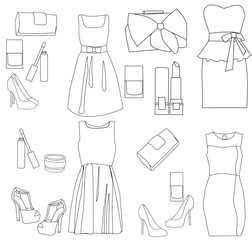 Wall Mural - sketch of female fashion items, dress, shoes, accessories