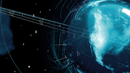 Poster - .3d render of globe. Digital background with planet surrounded with particles and arcs. Technology concept.