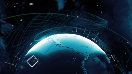 Poster - .3d render of globe. Digital background with planet surrounded with particles and arcs. Technology concept.