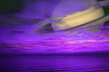 Wall Mural - Saturn back night cloud sunset sky on sea ,concept Saturn near Earth