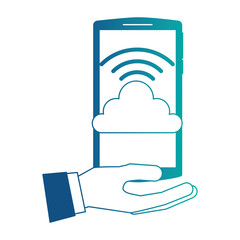 Sticker - hand holding smartphone with cloud storage internet wifi vector illustration