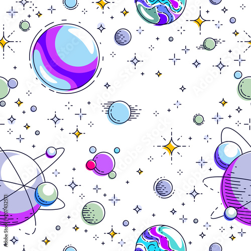 Cotton fabric Raum nahtlose Hintergrund mit Sternen, Planeten, Asteroiden und Kometen, unentdeckte Galaxie kosmischen fantastische und interessante textilen Flächengebilde für Kinder, endlose Fliesen Muster, Vektor-Illustration.