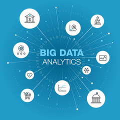 Leinwandbilder - Abstract symbol for big data analytics with stroke icons, spots and dark blue background. Easy to use for your website or presentation.