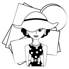 Canvas Print - elegant woman with hat character retro vector illustration black and white