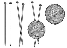 Yarn And Knitting Needles Illustration, Drawing, Engraving, Ink, Line Art, Vector
