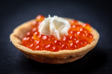 Wall Mural - Tartlets with red salmon fish caviar, salmon caviar. Caviar