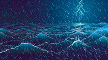 Vector Large Ocean Waves In Rainy Storm At Night 