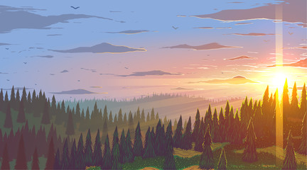 Wall Mural - Vector background. Fir forest in hilly mountains with meadows at sunset.
