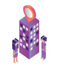 Sticker - building cityscape with pin location and people isometric icon vector illustration design