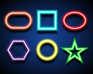 Poster - Colorful Neon light geometric border shape brings icon. Design for outline frame on blue background. Vector illustration.