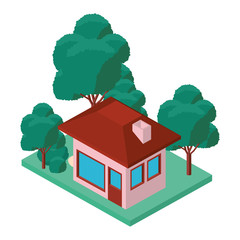 Sticker - exterior house with landscape isometric icon vector illustration design