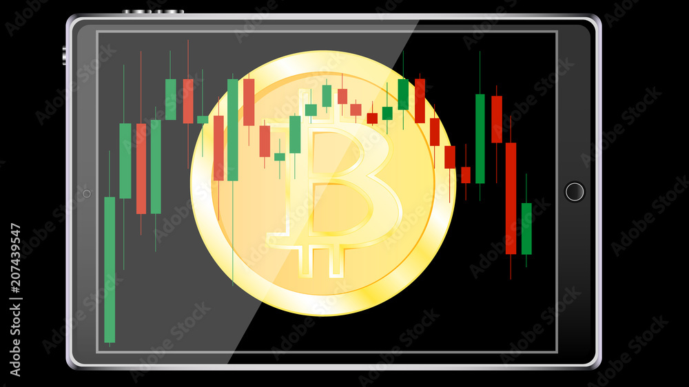 A realistic smart tablet computer with a bitcoin coin, a crypto currency in the background of the exchange chart of price changes in the form of Japanese candles on the display. illustration