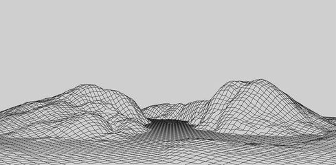 Poster - Abstract vector wireframe landscape. Abstract mesh landscapes. Polygonal mountains. Vector illustration.