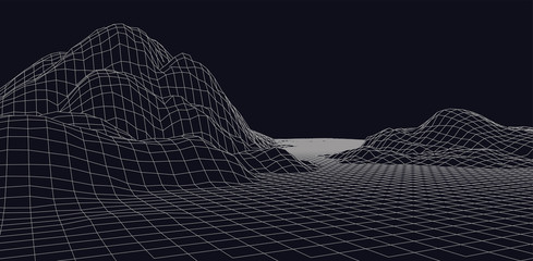 Poster - Abstract vector wireframe landscape. Abstract mesh landscapes. Polygonal mountains. Vector illustration.