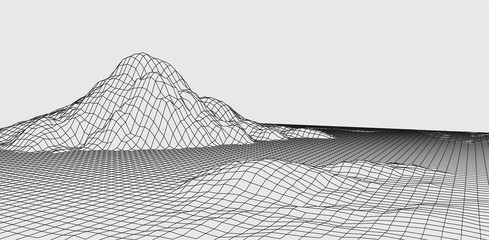 Poster - Abstract vector wireframe landscape. Abstract mesh landscapes. Polygonal mountains. Vector illustration.
