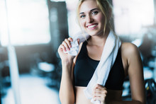 Attractive Caucasian Woman Relax After Workout With Happiness And Joyful In Gym Healthy Ideas Concept