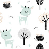 Seamless childish pattern with cute deer, hedgehog in the wood. Creative kids city texture for fabric, wrapping, textile, wallpaper, apparel. Vector illustration