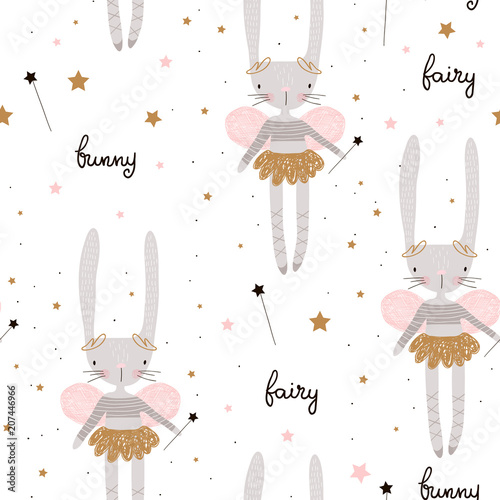 Fotografiet Seamless pattern with cute bunny ballerina with wings, stars, magic wand
