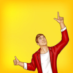 Vector pop art male character showing ok sign, gesture of good, positive. Sale poster, promotion banner with brown haired man in red jacket, white t-shirt isolated on yellow background