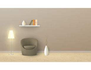 Vector realistic mockup of empty room with beige wall, soft armchair, floor lamp, shelf with books. Studio with minimalist interior. Template for your creative design, for presentation of your product