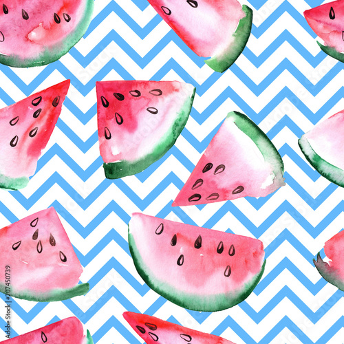 Stoffe zum Nähen Aquarell Musterdesign mit Scheiben von Wassermelone.