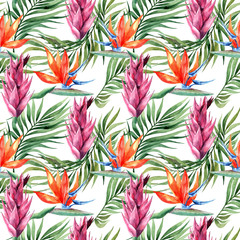 Wall Mural - Watercolor seamless pattern with tropical leaves and flowers.