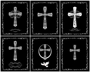 Black and white catholic greeting cards for baptism and easter holiday with vintage cross and pigeon