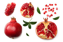 Pomegranate Fruit With Seeds And Green Leaves Isolated On White Background Top View