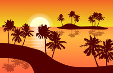 Tropical Island Landscape Vector With Palm Trees In Orange Sunset Reflected In A Lagune.