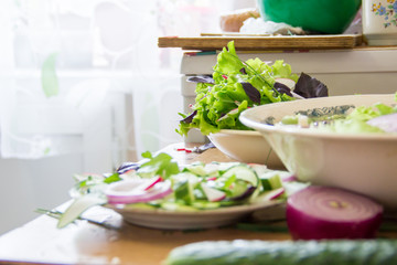 Preparing salad with radish, lettuce,red onion and basil leaves. Diet or vegetarian food concept