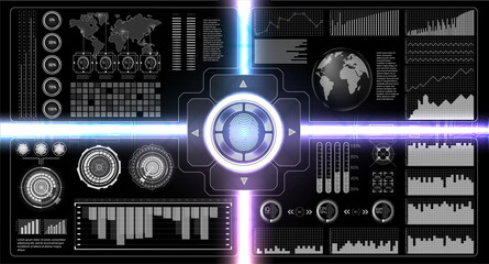 Poster - Verification scanners set. Finger Scan in Futuristic Style. Biometric id with Futuristic HUD Interface. screen monitor background template. Scanning Technology Concept Illustration. Identification