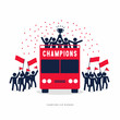 Stick Figures of The Winner Cup Soccer or Football Champions Celebration on the Open Top Buses.
