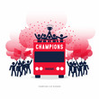 Stick Figures of The Winner Cup Soccer or Football Champions Celebration on the Open Top Buses with Red Smoke Flare.