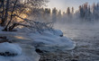 Freezing winter morning at Kuusaankoski rapids. Sun is rising. Temperature -22 °C. Laukaa, Finland.