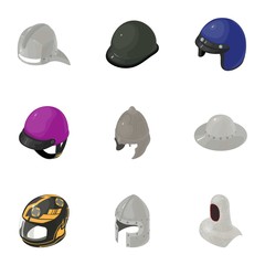 Poster - Helmet icons set. Isometric set of 9 helmet vector icons for web isolated on white background