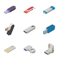 Poster - Flash memory icons set. Isometric set of 9 flash memory vector icons for web isolated on white background