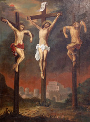 Poster - Calvary, Saint Dizma beside Jesus on the cross, Chapel of Saint Dismas in Zagreb, Croatia