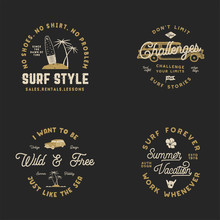 Vntage Hand Drawn Surfing Graphics And Emblems For Web Design Or Print. Surfer Logotypes. Surf Logo. Summer Surf Logo Typography Insignia Collection. Stock Hipster Patches Isolated On Black